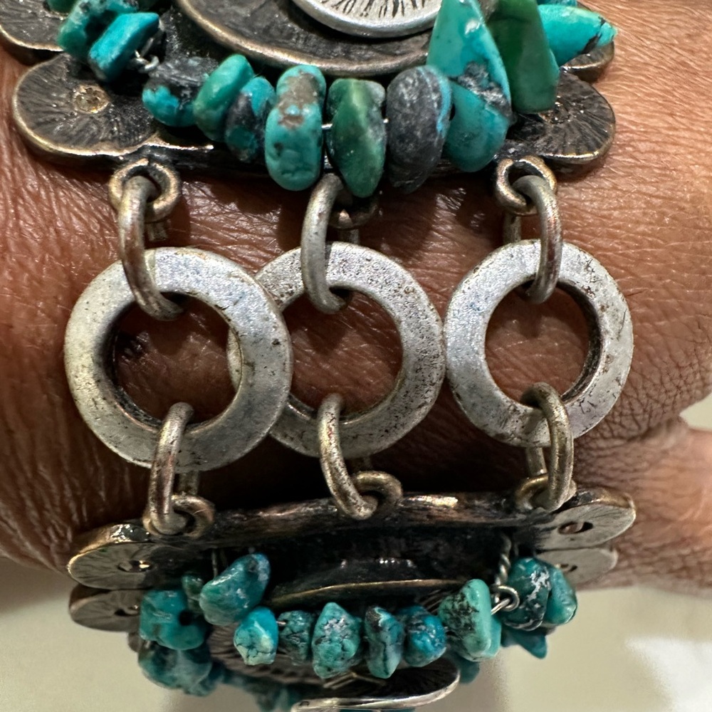 Bohemian-Style turquoise and silver tone link cuff bracelet